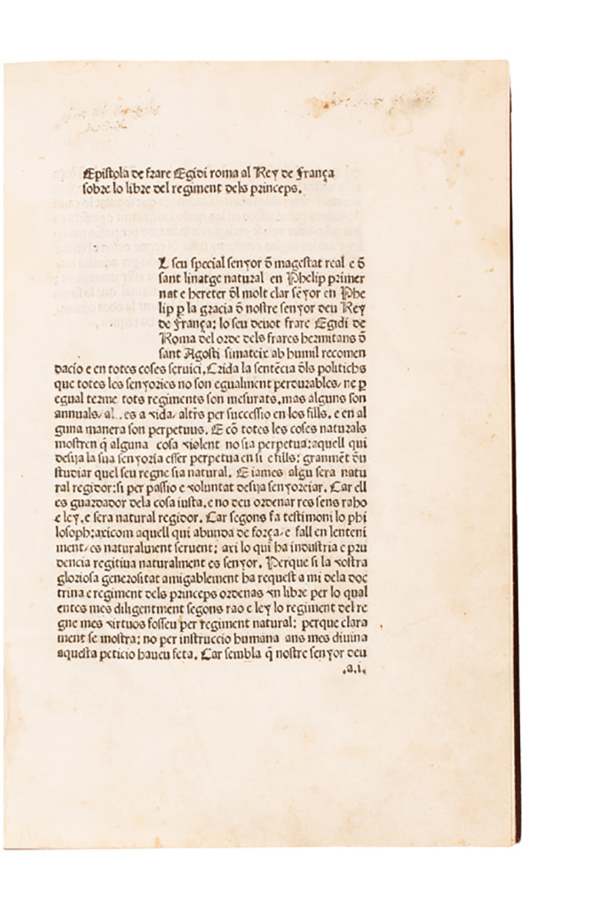 INCUNABULA  AEGIDIUS ROMANUS [i. e., COLONNA, EGIDIO, Archbishop of Bourges]. Lo libre del regiment dels princeps.  1480